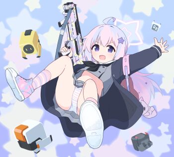 1girl :d ahoge black_jacket black_neckerchief blue_archive blue_hair commentary_request grey_shirt grey_skirt gun hair_ornament highres holding holding_gun holding_weapon jacket leg_up loli long_sleeves looking_at_viewer multicolored_hair neckerchief open_mouth panties pantyshot paskmel pink_hair pink_panties pleated_skirt pump_action reisa_(blue_archive) robot sailor_collar shirt shoes shotgun skirt smile socks solo star_(symbol) star_hair_ornament star_symbol_background streaked_hair striped_clothes striped_panties striped_socks underwear v-shaped_eyebrows weapon white_sailor_collar