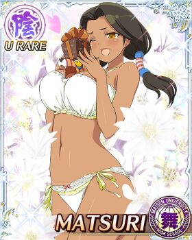 1girl :d border bra breasts brown_eyes brown_hair card_(medium) cleavage dark-skinned_female dark_skin floral_background flower game_cg gift hair_ornament hairclip holding holding_gift lace_trim large_breasts long_hair looking_at_viewer low-tied_long_hair low_twintails matsuri_(senran_kagura) native_american navel non-web_source official_alternate_costume official_art one_eye_closed open_mouth panties senran_kagura senran_kagura_new_wave side-tie_panties smile solo twintails underwear white_bra white_flower white_panties