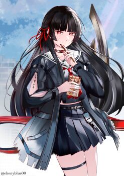 Rule 34 | absurdres, arm cutout, black hair, black serafuku, black shirt, black skirt, blue sky, breasts, chisa (wuthering waves), closed mouth, clothing cutout, commentary, day, ebonyblue00, english commentary, food, hair ribbon, highres, holding, holding food, holding pocky, long hair, long sleeves, looking at viewer, medium breasts, neckerchief, outdoors, pocky, red eyes, red neckerchief, red ribbon, ribbon, sailor collar, school uniform, serafuku, shirt, skirt, sky, smile, tacet mark (wuthering waves), thigh strap, thighs, twitter username, white sailor collar, wuthering waves