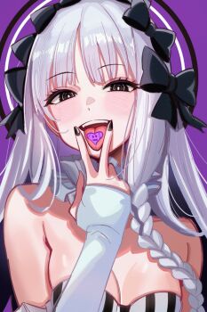 0nineo9 1girl bare_shoulders black_bow blush bow breasts cleavage collar colored_inner_hair commentary detached_sleeves dress fate/strange_fake fate_(series) francesca_prelati_(fate) frilled_collar frills hair_bow highres long_hair looking_at_viewer medium_breasts multicolored_hair open_mouth ringed_eyes smile solo striped_clothes striped_dress tongue tongue_out white_hair