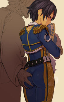 1boy 1girl 2equal8 ass_grab beard belt black_belt black_hair black_neckwear blue_jacket blue_legwear blue_pants blush breasts breath brown_gloves epaulettes facial_hair feathers frilled_jacket frills full-face_blush gloves gold_trim grabbing_from_behind groping hat hat_feather hetero highres holding holding_unworn_clothes holding_unworn_hat jacket matador medium_breasts megido72 military military_uniform molestation multiple_belts naughty_face nipples pants red_eyes see-through_clothes short_hair simple_background solo_focus steam striped sweat sweatdrop tan_background tight_clothes tight_pants tomboy unworn_hat unworn_headwear white_feathers zagan_(megido72)