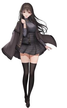 1girl bag black_hair bra bra_visible_through_clothes breasts brown_eyes buttons diesel_(black_sunday)_(nikke) diesel_(nikke) dramz earrings full_body goddess_of_victory:_nikke gold_trim gradient_background hand_up handbag high_heels jacket jacket_on_shoulders jewelry logo long_hair looking_at_viewer medium_breasts necklace official_art open_mouth see-through_clothes skirt smile solo standing teeth thighhighs thighs turtleneck underwear upper_teeth_only watch wristwatch zettai_ryouiki