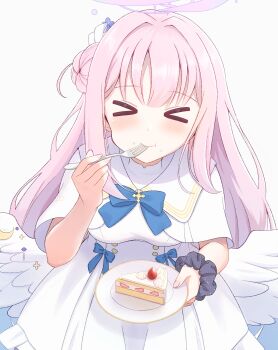 >_< 1girl absurdres blue_archive blue_bow blush bow breasts buttons cake cake_slice closed_eyes closed_mouth commentary_request cowboy_shot dot_nose double-breasted dress eating feathered_wings food fork fruit halo highres holding holding_fork holding_plate kemuri0903 long_hair low_wings medium_breasts mika_(blue_archive) pink_hair pink_halo plate sailor_collar scrunchie simple_background solo standing strawberry strawberry_cake white_background white_dress white_sailor_collar white_wings wings wispy_bangs wrist_scrunchie