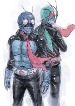 2boys armor black_jacket blue_armor cowboy_shot highres jacket kamen_rider kamen_rider_1 kamen_rider_2 kamen_rider_the_first kuppipi_ramutarou male_focus multiple_boys red_eyes red_scarf scarf simple_background tokusatsu typhoon_(kamen_rider) white_background
