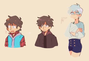 Rule 34 | 1boy, 1girl, ?, aqua-framed eyewear, aqua vest, black shirt, blue shorts, brown hair, brown jacket, closed mouth, cropped arms, cropped legs, cropped torso, crossed arms, dated, dual persona, flannel, glasses, grey hoodie, hashtag-only commentary, hood, hood down, hoodie, jacket, junpei (kyokugen dasshutsu), krinklefry89, kyokugen dasshutsu, kyokugen dasshutsu: 9 jikan 9 nin 9 no tobira, multiple views, open clothes, open jacket, open mouth, open vest, phi (kyokugen dasshutsu), plaid clothes, plaid shirt, rectangular eyewear, red shirt, semi-rimless eyewear, shirt, short hair, shorts, signature, simple background, vest, white hair, white shirt, zero escape: toki no dilemma