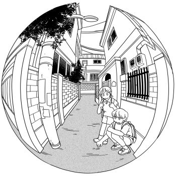 Rule 34 | 2girls, backpack, bag, closed mouth, collared shirt, fisheye, greyscale, highres, lamppost, looking at another, monochrome, multiple girls, original, outdoors, shirt, shoes, short hair, short sleeves, shorts, sihyun25, sneakers, socks, squatting, standing