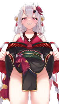 1girl absurdres bell black_kimono blunt_bangs commentary_request commission double_bun grey_hair grin groin hair_bell hair_bun hair_ornament highres hololive horns japanese_clothes jingle_bell kimono kouhaku_nawa leeshin0919 long_hair long_sleeves looking_at_viewer mask mask_on_head multicolored_hair nakiri_ayame nakiri_ayame_(1st_costume) no_panties off_shoulder oni oni_mask pelvic_curtain pixiv_commission red_eyes red_hair red_kimono rope shimenawa short_kimono skin-covered_horns sleeveless sleeveless_kimono smile solo streaked_hair tassel teasing virtual_youtuber white_background wide_sleeves