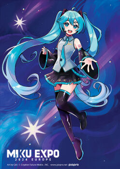 1girl :d ahoge aqua_hair aqua_nails aqua_necktie arm_tattoo artist_name black_boots black_skirt black_sleeves blue_eyes boots character_name collared_shirt commentary company_name copyright_name copyright_notice detached_sleeves english_commentary fingernails grey_shirt hatsune_miku hatsune_miku_expo headset highres long_hair long_sleeves nail_polish necktie number_tattoo official_art open_mouth pianta_celi pleated_skirt second-party_source shirt skirt sleeveless sleeveless_shirt smile solo tattoo teeth thigh_boots tie_clip tongue twintails upper_teeth_only very_long_hair vocaloid