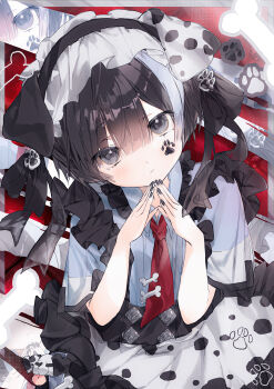 1girl absurdres androgynous animal_ears black_eyes black_hair crossdressing dalmatian dog_ears highres lolita_fashion looking_at_viewer maid multicolored_hair necktie original paw_print red_necktie ruki_kurage short_hair solo