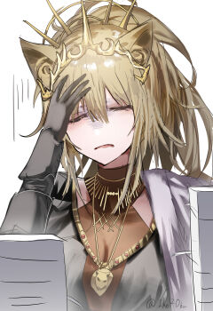 Rule 34 | 1girl, = =, absurdres, animal ears, arknights, black gloves, brown dress, crown, dress, gloves, hand on own head, headache, highres, horobu, jewelry, lion ears, lion girl, necklace, paperwork, ponytail, siege (arknights), solo, spiked hair ornament, stress, twitter username, vina victoria (arknights)