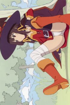 1girl absurdres bandaged_leg bandages black_cape black_hair black_thighhighs boots breasts cameltoe cape choker cloud cloudy_sky female_focus fingerless_gloves gloves grass hat highres kono_subarashii_sekai_ni_shukufuku_wo! leaning_on_object looking_away megumin mountain outdoors panties red_eyes scan short_hair short_hair_with_long_locks single_thighhigh sitting sky solo spread_legs thighhighs tree underwear witch_hat yamamoto_shuuhei