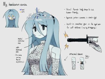 1girl air_zizon arm_cannon black_hairband blue_hair cable closed_mouth crown dress english_text eunoia_(frozen_soul) floating_head frozen_soul hair_between_eyes hairband long_hair ringed_eyes roblox simple_background smile solo very_long_hair weapon white_background white_dress