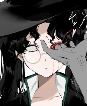 1girl 1other amon_(lord_of_the_mysteries) black_eyes black_hair blood blood_on_face bloody_tears chinese_commentary closed_mouth collarbone commentary_request ero_guro eye_injury genderswap genderswap_(mtf) guro heart highres injury kikinotamai long_hair lord_of_the_mysteries missing_eye monocle parted_bangs simple_background solo_focus stab twintails white_background