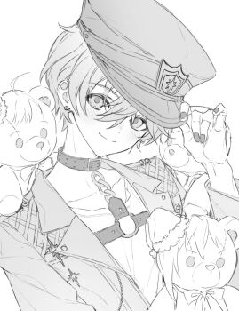 1boy adjusting_clothes adjusting_headwear akehoshi_subaru belt_collar blush chest_harness choker closed_mouth collar commentary ensemble_stars! greyscale hair_between_eyes harness hat highres jacket long_sleeves looking_at_viewer male_focus monochrome official_alternate_costume open_clothes open_jacket peaked_cap seemillar short_hair simple_background smile solo stuffed_animal stuffed_toy symbol-only_commentary teddy_bear upper_body white_background