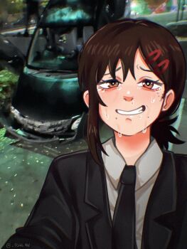 Rule 34 | 1girl, artist name, black necktie, black suit, brown hair, car, car crash, chainsaw man, commentary, english commentary, formal clothes, furrowed brow, grin, hair ornament, hairclip, higashiyama kobeni, highres, lapels, looking at viewer, mole, mole under eye, mole under mouth, motor vehicle, necktie, notched lapels, osulan, outdoors, photo-referenced, ponytail, selfie, shirt, short hair, short ponytail, single sidelock, smile, solo, suit, sweat, tearing up, twitter username, upper body, white shirt, wing collar, wreckage