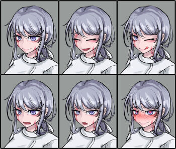 1girl :d :o ;q aged_up blush burn_scar chart closed_eyes dorei_to_no_seikatsu_~teaching_feeling~ multiple_expressions grey_background grey_hair hair_ornament hair_ribbon hairclip hat heart heart-shaped_pupils long_hair looking_at_viewer multiple_views nose_blush nurse nurse_cap official_art one_eye_closed open_mouth ponytail purple_eyes ray-k ribbon scar simple_background smile sweatdrop sylvie_(dorei_to_no_seikatsu) symbol-shaped_pupils tongue tongue_out white_ribbon