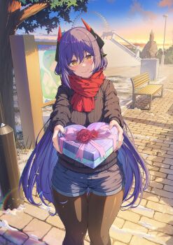 Rule 34 | 1girl, alternate costume, amusement park, android, blush, breasts, cobblestone, commentary request, commission, commissioner upload, denim, denim shorts, ferris wheel, flower, head tilt, highres, incoming gift, lamppost, large breasts, leggings, long hair, looking at viewer, map, morning, pantyhose, pixiv commission, poppi (xenoblade), poppi qtpi (xenoblade), purple hair, red scarf, robot ears, rose, scarf, shorts, sky, smile, solo, statue, sweater, tora (xenoblade 2), tree, turtleneck, turtleneck sweater, valentine, very long hair, xenoblade chronicles (series), xenoblade chronicles 2, xiayou sieg, yellow eyes