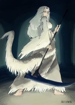 Rule 34 | 1girl, absurdres, artsywak, breasts, commentary, commission, dark souls (series), dark souls i, dragon girl, dragon horns, dragon tail, dress, from behind, full body, fur dress, highres, holding, holding scythe, horns, large breasts, looking back, priscilla the crossbreed, scythe, signature, solo, tail, white dress, white hair, wide sleeves, yellow eyes