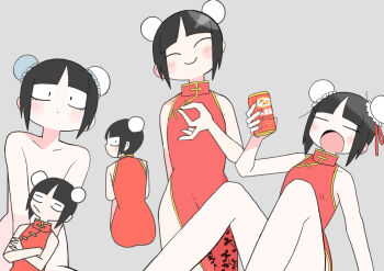 1girl abe_tomomi black_eyes black_hair blush can china_dress chinese_clothes chinese_hairstyle dress drunk original short_hair