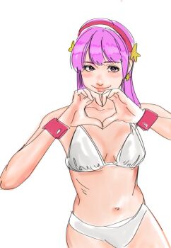 1girl asamiya_athena bikini female_focus hairband heart heart_hands long_hair pale_skin purple_eyes purple_hair smile smiley_face star_(symbol) swimsuit the_king_of_fighters thick_thighs thighs tucon_b