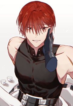 2boys black_eyes commentary_request cup disembodied_hand fate/grand_order fate_(series) hair_intakes harada_sanosuke_(fate) implied_yaoi male_focus multiple_boys nagakura_shinpachi_(fate) open_mouth p_booo red_hair shirt short_hair sleeveless sleeveless_shirt smile solo_focus toned toned_male white_background