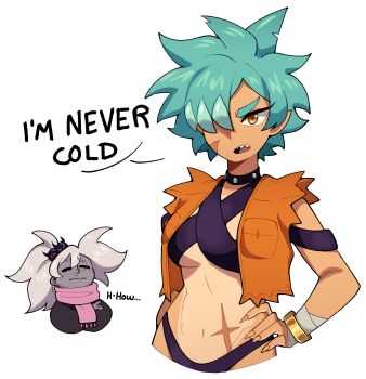 2girls =_= absurdres aqua_hair black_choker bracelet breasts choker closed_eyes closed_mouth cold colored_skin commentary cropped_legs cropped_torso crossed_arms english_commentary english_text eyelashes facial_scar fingernails gold_bracelet grey_skin hair_over_one_eye hand_on_own_hip highres jacket jewelry long_hair long_sleeves maejpg multiple_girls navel open_clothes open_jacket open_mouth orange_eyes orange_jacket original pink_scarf ponytail scar scar_on_cheek scar_on_face scar_on_stomach scarf shark_girl sharp_fingernails sharp_teeth short_hair simple_background snot speech_bubble stitched_face stitches stomach tan tanline teeth tibia_(maejpg) torn_clothes torn_jacket upper_teeth_only wavy_mouth white_background white_hair