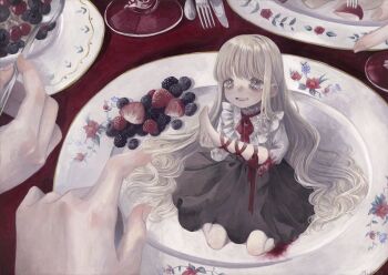 1girl 3others absurdres amputee black_skirt blonde_hair blood blueberry commentary food fork frills fruit highres holding_limb knife leg_ribbon long_hair long_sleeves mini_person minigirl monou_pico multiple_others original plate ribbon severed_leg severed_limb skirt smile spoon strawberry tears very_long_hair