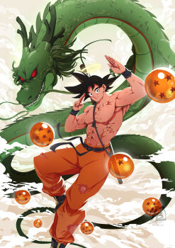 1boy abs armpits belt black_belt black_boots black_hair black_wrist_cuffs boots closed_mouth cloud_strife dragon dragon_ball dragon_ball_(object) dragon_horns eladb_art foot_out_of_frame halo highres horns male_focus muscular muscular_male orange_pants pants red_eyes salute sharp_teeth short_hair smile son_goku spiked_hair teeth topless_male toriyama_akira wrist_cuffs