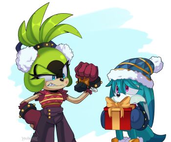 1boy 1girl absurdres alternate_costume animal_ears aqua_fur black_pants blue_eyes blue_gloves blue_hat brown_gloves clenched_hand earmuffs furry furry_female furry_male gift gloves green_fur hat highres hikariviny holding holding_gift kitsunami_the_fennec looking_at_another pants purple_eyes sonic_(series) sonic_the_hedgehog_(idw) surge_the_tenrec tail