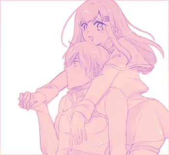 1boy 1girl fayt_leingod greyscale hair_ornament hairclip holding_hands long_hair looking_at_viewer monochrome open_mouth pencil_skirt shion_(zero.) simple_background skirt smile sophia_esteed star_ocean star_ocean:_till_the_end_of_time thighhighs white_background