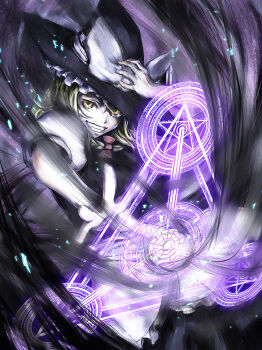 1girl blonde_hair fangs female_focus grin hand_on_headwear kath kirisame_marisa looking_at_viewer magic magic_circle pentagram purple_theme runes smile solo touhou yellow_eyes