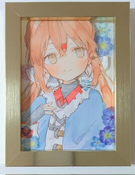 1girl blue_cape brown_eyes cape closed_mouth commentary_request highres kantai_collection looking_at_viewer low_ponytail orange_hair ponytail raymie0124 shikishi smile solo tashkent_(kancolle) traditional_media