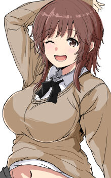 Rule 34 | 1girl, ;d, amagami, arm up, black bow, black bowtie, bow, bowtie, breasts, brown eyes, brown hair, cardigan, collared shirt, commentary request, cowboy shot, dress shirt, grey skirt, groin, highres, large breasts, medium hair, midriff, navel, one eye closed, open mouth, sakurai rihoko, shirt, skirt, smile, solo, suberaku, sweater, white background, white shirt