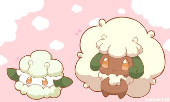 2027_(submarine2027) blush brown_eyes closed_mouth commentary_request cottonee dated evolutionary_line gen_5_pokemon green_horns hands_up heart horns looking_at_viewer nintendo no_humans pink_background pokemon pokemon_(creature) simple_background smile two-tone_background whimsicott white_background