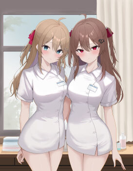 2girls absurdres ahoge alternate_costume blue_eyes broken_heart broken_heart_hair_ornament brown_hair closed_mouth commentary commission cowboy_shot curtains dress eikawa_suru english_commentary evil_neuro-sama hair_between_eyes hair_ornament hair_ribbon heart highres id_card indoors light_blush long_hair looking_at_viewer multiple_girls neuro-sama nurse red_eyes red_ribbon ribbon second-party_source short_dress short_sleeves siblings sisters skull_hair_ornament smile standing twins two_side_up vedal_ai virtual_youtuber white_dress window