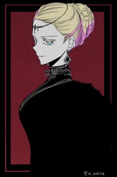 Rule 34 | 1girl, alternate costume, alternate hairstyle, black border, black cape, black dress, blonde hair, blue eyes, border, braid, breasts, bun with braided base, cape, closed mouth, colored eyelashes, commentary request, diamond earrings, dress, earrings, flower-shaped pupils, from side, fur-trimmed cape, fur trim, hair bun, hair pulled back, head chain, highres, jewelry, jitome, looking at viewer, medium breasts, multicolored hair, ohitsuji ei, outside border, persephone (ohitsuji ei), pink hair, profile, red background, sideways glance, single hair bun, smile, solo, streaked hair, symbol-shaped pupils, turtleneck, turtleneck dress, twitter username, upper body, yukai na shintouki