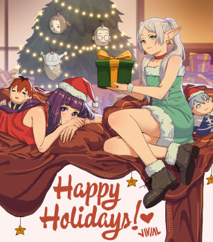 2girls :3 absurdres blanket blunt_bangs boots brown_boots character_doll choker christmas christmas_tree clothes-dissolving_potion commentary doll dress earrings eisen_(sousou_no_frieren) english_commentary english_text fern_(sousou_no_frieren) frieren fur-trimmed_boots fur-trimmed_dress fur_trim gift green_dress green_eyes grey_hair hair_over_shoulder happy_holidays heiter highres himmel_(sousou_no_frieren) holding holding_gift jewelry justin_leyva_(steamy_tomato) long_pointy_ears looking_at_viewer lying multiple_girls on_stomach parted_lips pointy_ears purple_eyes purple_hair red_choker red_dress sein_(sousou_no_frieren) shoes sousou_no_frieren stark_(sousou_no_frieren) strapless strapless_dress string_lights teardrop_earrings thick_eyebrows thighs twintails