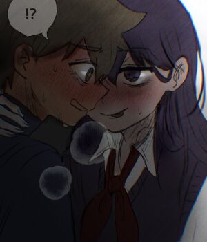 Rule 34 | !?, 1boy, 1girl, @ @, alternate eye color, black eyes, black hair, black sweater vest, blue sweater, blush, brown eyes, brown hair, closed mouth, collared shirt, commentary request, dark-skinned male, dark skin, germany omori, hero (faraway) (omori), hero (omori), highres, long hair, mari (faraway) (omori), mari (omori), neckerchief, omori, open mouth, red neckerchief, shirt, short hair, smile, speech bubble, spoken interrobang, sweat, sweater, sweater vest, tongue, tongue out, white shirt