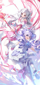 2girls absurdres blue_archive bow commentary_request gloves grey_hair halo highres holding holding_staff long_hair looking_at_viewer magical_girl multiple_girls norimori official_alternate_costume official_alternate_hairstyle open_mouth pantyhose parted_lips pink_bow pink_shoes puffy_short_sleeves puffy_sleeves purple_bow purple_hair purple_shoes reisa_(blue_archive) reisa_(magical)_(blue_archive) shoes short_sleeves smile staff striped_clothes striped_pantyhose suzumi_(blue_archive) suzumi_(magical)_(blue_archive) thighhighs twintails very_long_hair white_gloves white_thighhighs