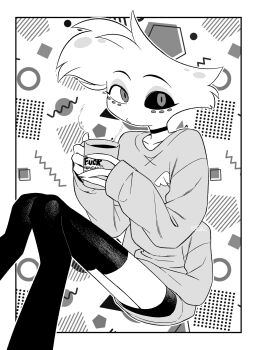 1boy absurdres angel_dust border choker circle closed_mouth coffee coffee_mug collarbone commentary_request cup english_text extra_arms feet_out_of_frame fewer_digits from_above furry furry_male greyscale halftone halftone_background hands_up hatching_(texture) hazbin_hotel hellaverse highres holding holding_cup knees_up looking_at_viewer male_focus menma_(enaic31) mismatched_sclera monochrome mug outline outside_border oversized_clothes oversized_shirt puffy_nipples raised_eyebrows shirt short_shorts shorts signature simple_background sitting sleeves_past_wrists solo square steam thighhighs white_background