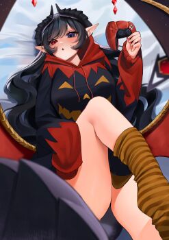 1girl absurdres black_hair black_hoodie black_horns blue_eyes controller game_controller heterochromia highres holding holding_controller holding_game_controller hood hood_down hoodie horns indie_virtual_youtuber jehkil_(vtuber) long_hair lying multicolored_hoodie on_back pointy_ears red_eyes second-party_source sleeves_past_fingers sleeves_past_wrists socks solo striped_clothes striped_socks virtual_youtuber yellow_socks yoshiii
