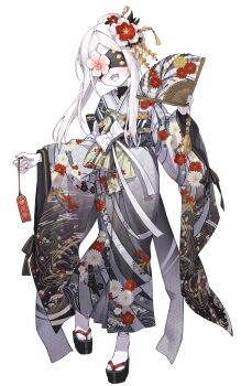 1girl absurdres alternate_costume alternate_hairstyle black_sash blindfold blue_archive chinese_hairpin colored_skin commentary_request double-parted_bangs floral_print floral_print_kimono flower flower_on_face furisode grey_kimono hair_bun hair_flower hair_ornament hand_fan highres holding holding_fan japanese_clothes kimono kokukyukeo korean_commentary long_hair obi ohr_(blue_archive) open_mouth platform_sandals print_kimono red_flower sandals sash solo tabi white_flower white_hair white_skin