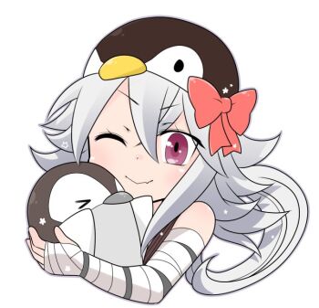 1girl bandaged_arm bandages blush bow closed_mouth commentary_request grey_hair hat hat_bow long_hair looking_at_viewer oekakipikki official_alternate_costume one_eye_closed penguin_hat portrait purple_eyes ragnarok_online red_bow simple_background smile solo sura_(ragnarok_online) white_background
