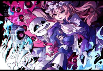 1boy 1girl blonde_hair blue_eyes blue_hoodie bone dress gap_(touhou) hair_between_eyes hair_ribbon hand_on_another's_cheek hand_on_another's_face hat holding_another's_arm hood hoodie long_hair long_sleeves looking_at_another mob_cap open_mouth oshino_no papyrus_(undertale) purple_eyes purple_tabard ribbon sans_(undertale) shirt shorts skeleton smile tabard teeth touhou twitter_username undertale utdr_(toby_fox) very_long_hair watermark white_dress white_shirt yakumo_yukari