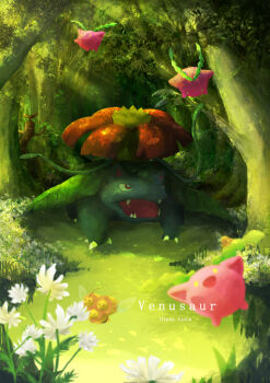 Rule 34 | absurdres, artist name, bright pupils, claws, combee, commentary, copyright name, english commentary, flower, forest, gen 1 pokemon, gen 2 pokemon, gen 4 pokemon, grass, highres, hoppip, littlelluu, nature, nintendo, no humans, open mouth, plant, pokemon, pokemon (creature), smile, sudowoodo, tree, venusaur, vines, white flower, white pupils