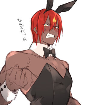 1boy anger_vein animal_ear_hairband animal_ears ashwatthama_(fate) black_bow black_bowtie black_hairband black_leotard blush bow bowtie clenched_teeth commentary_request dark-skinned_male dark_skin detached_collar fake_animal_ears fate/grand_order fate_(series) hairband highres leotard male_focus male_playboy_bunny orange_eyes rabbit_ear_hairband rabbit_ears red_hair solo strapless strapless_leotard sweat teeth tofu_(bean359) toned toned_male traditional_bowtie translation_request wrist_cuffs