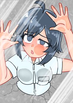 1girl absurdres against_glass cheek_squash commentary_request glory_wall highres original stuck through_wall