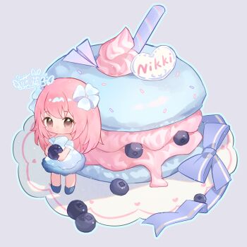 Rule 34 | :o, bare shoulders, blue boots, blue bow, blue dress, blue outline, blue sleeves, blueberry, blush, boots, bow, brown eyes, character name, commentary request, detached sleeves, dress, food, fruit, fur-trimmed dress, fur-trimmed sleeves, fur trim, grey background, hair bow, highres, holding, holding food, holding fruit, icing, lanlan zhi jiabing, light particles, long hair, macaron, medium dress, nikki (nikki), nikki (series), official alternate color, outline, oversized food, oversized object, paper airplane, parted lips, pink hair, purple bow, shining nikki, short sleeves, simple background, sprinkles, star-filled rainbow (shining nikki), strapless, strapless dress, tareme, watermark