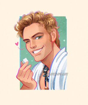Rule 34 | 1boy, artist name, blonde hair, finnick odair, green eyes, grin, heart, highres, looking at viewer, luztapiaart, one eye closed, shirt, short hair, smile, solo, sugar cube, the hunger games, watermark, white shirt