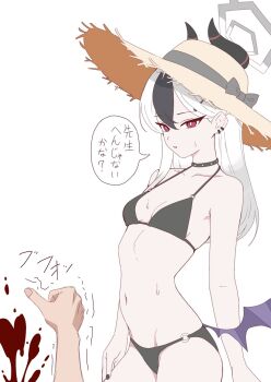 1boy 1girl bikini black_bikini bleeding blood blue_archive choker hat horns kayoko_(blue_archive) low_wings navel red_eyes sensei_(blue_archive) stomach straw_hat swimsuit white_hair wings zzzzblue194725